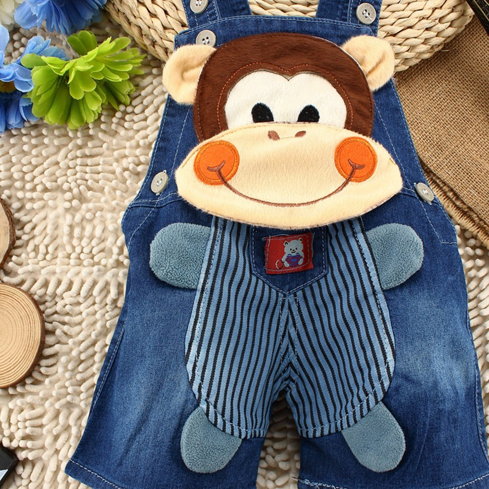 6m-3T Kids Denim Short-Overalls, 3D Monkey