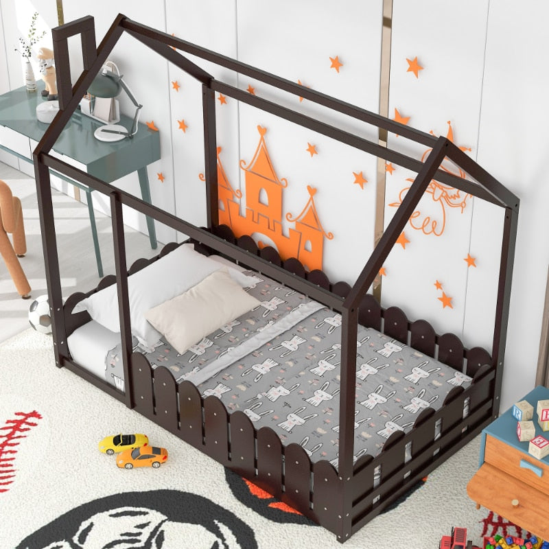 Fenced Double Wooden House Bed Frame Suitable