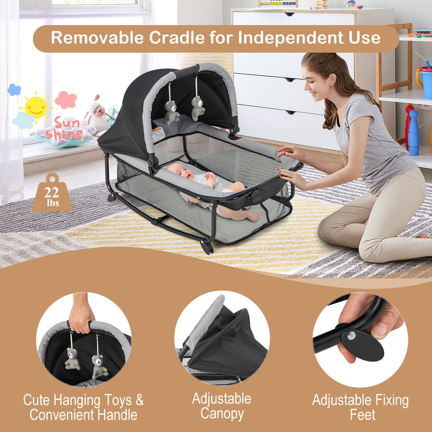 5 in 1 Portable Baby Playard Nursery Center w/ Cradle, Storage Basket