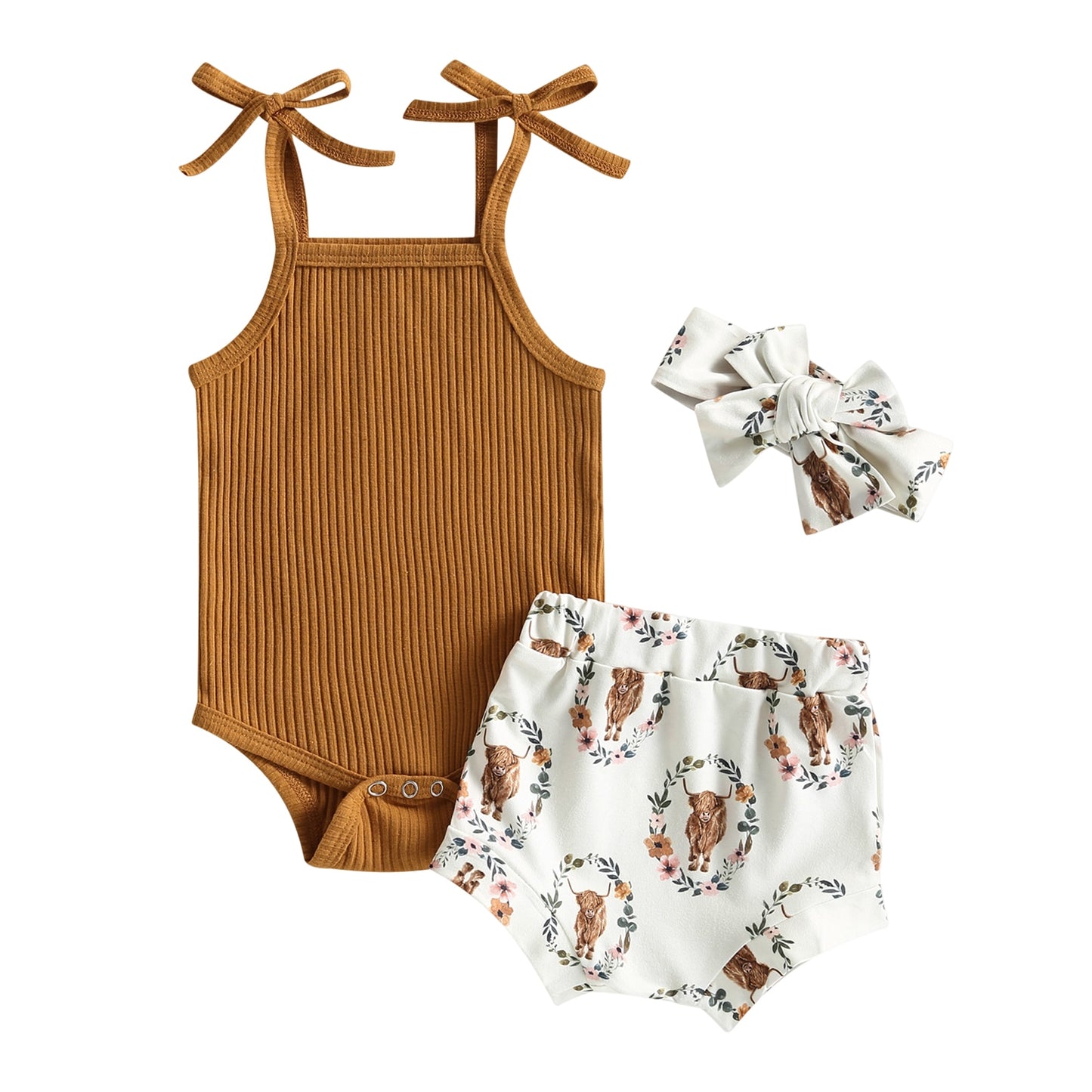 0-24m-3pc Sleeveless Knitted Romper, Printed Shorts & Headband Bow