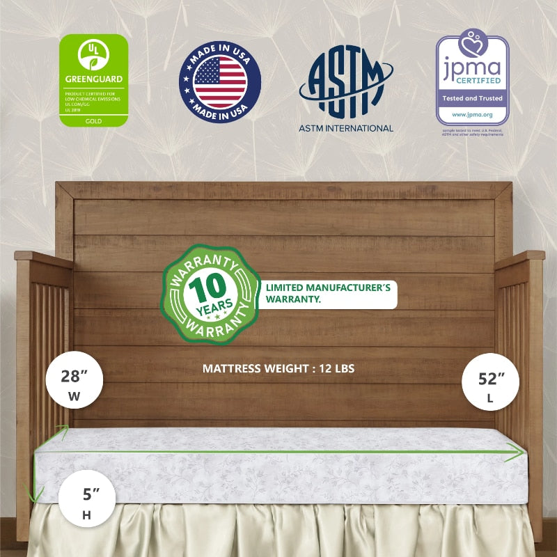 88 Coil Crib & Toddler 5" Mattress, 3 Layer Hypoallergenic