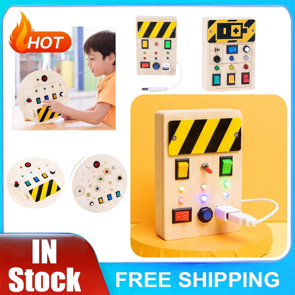 Kids Electronic BusyBoard-Wood-LED Light-Montessori-Cognition