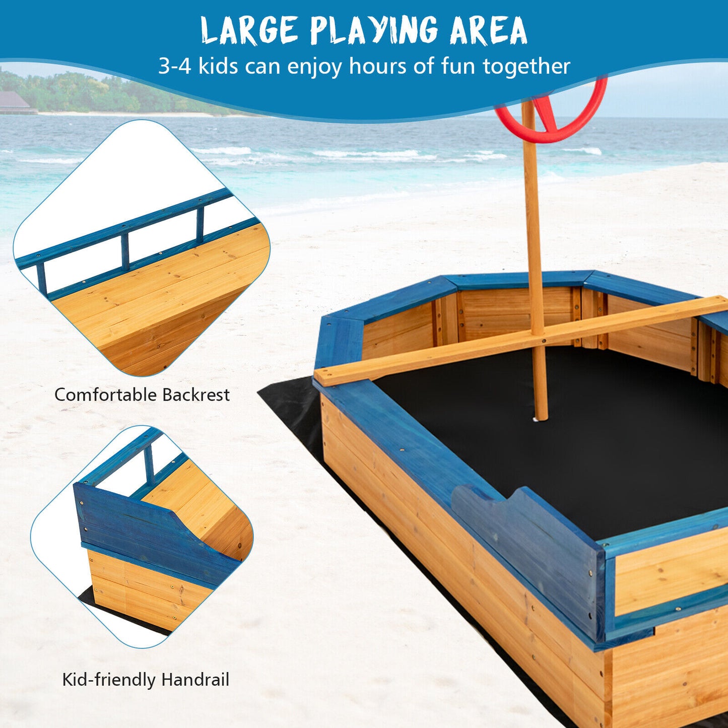 Kids Pirate Boat Wood Sandbox w/ Storage Box , Non-Woven Fabric Liner