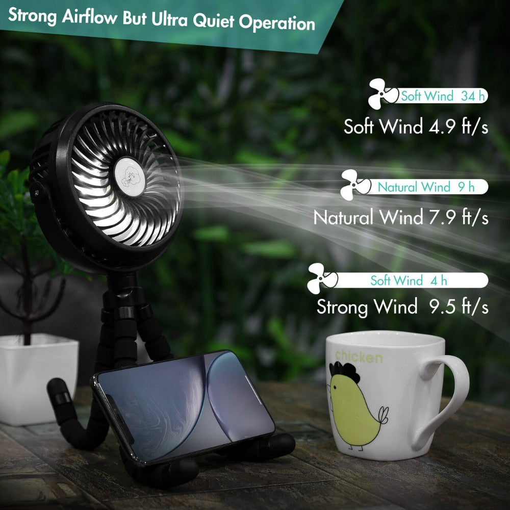 Portable Personal Fan 360°-Battery Powered Fan w/Flexible Tripod-Adjustable 3 colors