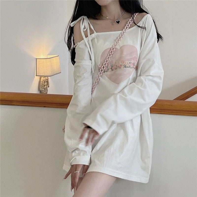 Kawaii Long T-Shirt Off Shoulder Lace Up Long Sleeve Graphic,  Age12+