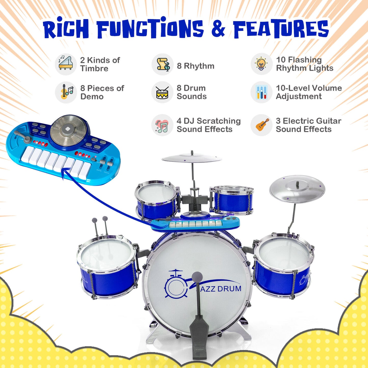 Babyjoy Jazz Drum Set-Toddler w/Keyboard, Cymbal, Microphone Blue