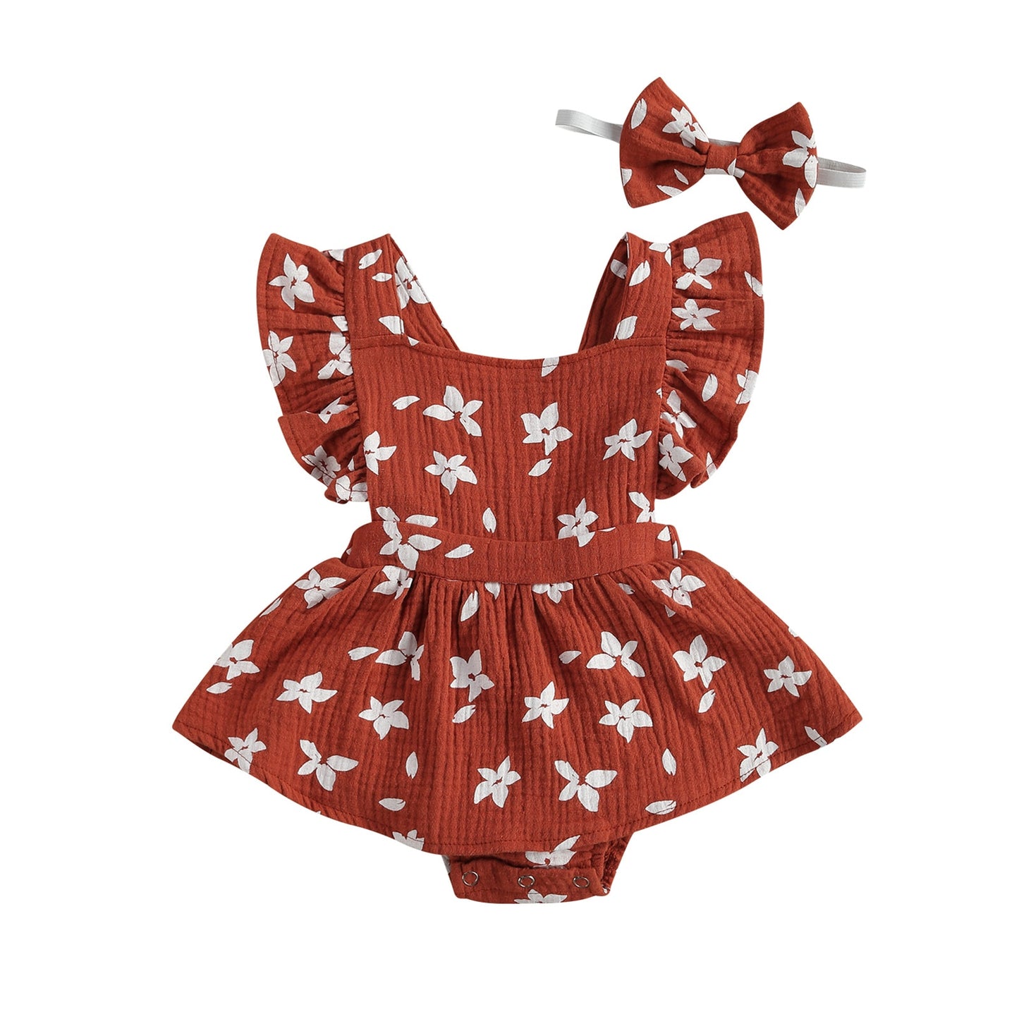 2pc Ruffle Sleeve Printed Dress Romper + Bow Outfit  3m-24m