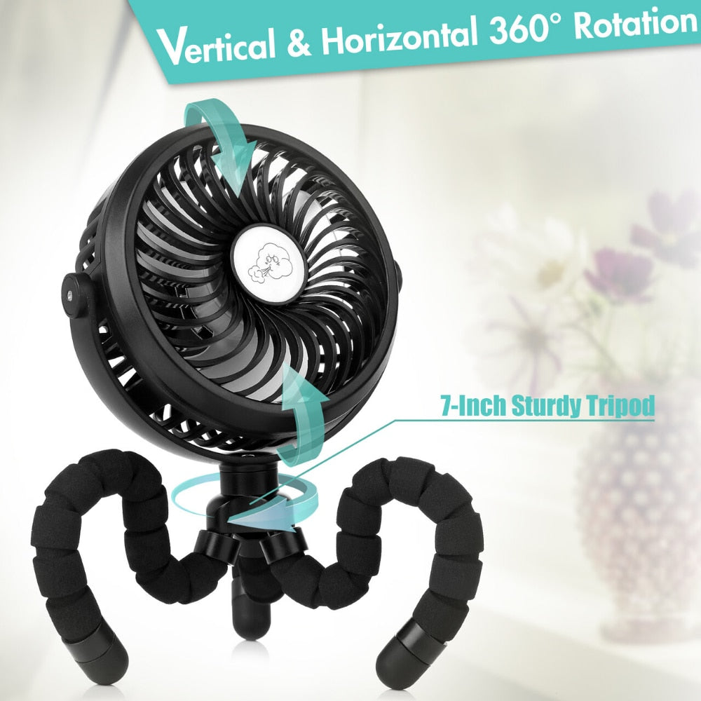 Portable Personal Fan 360°-Battery Powered Fan w/Flexible Tripod-Adjustable 3 colors