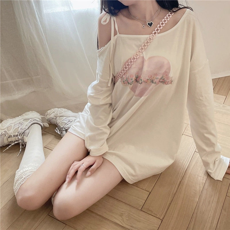 Kawaii Long T-Shirt Off Shoulder Lace Up Long Sleeve Graphic,  Age12+