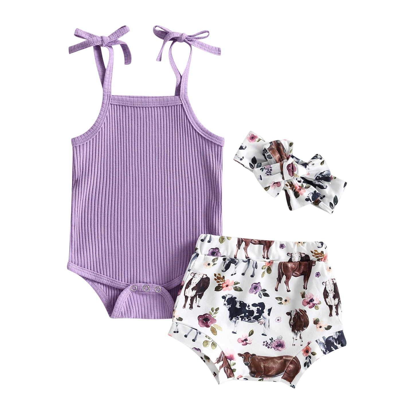 0-24m-3pc Sleeveless Knitted Romper, Printed Shorts & Headband Bow