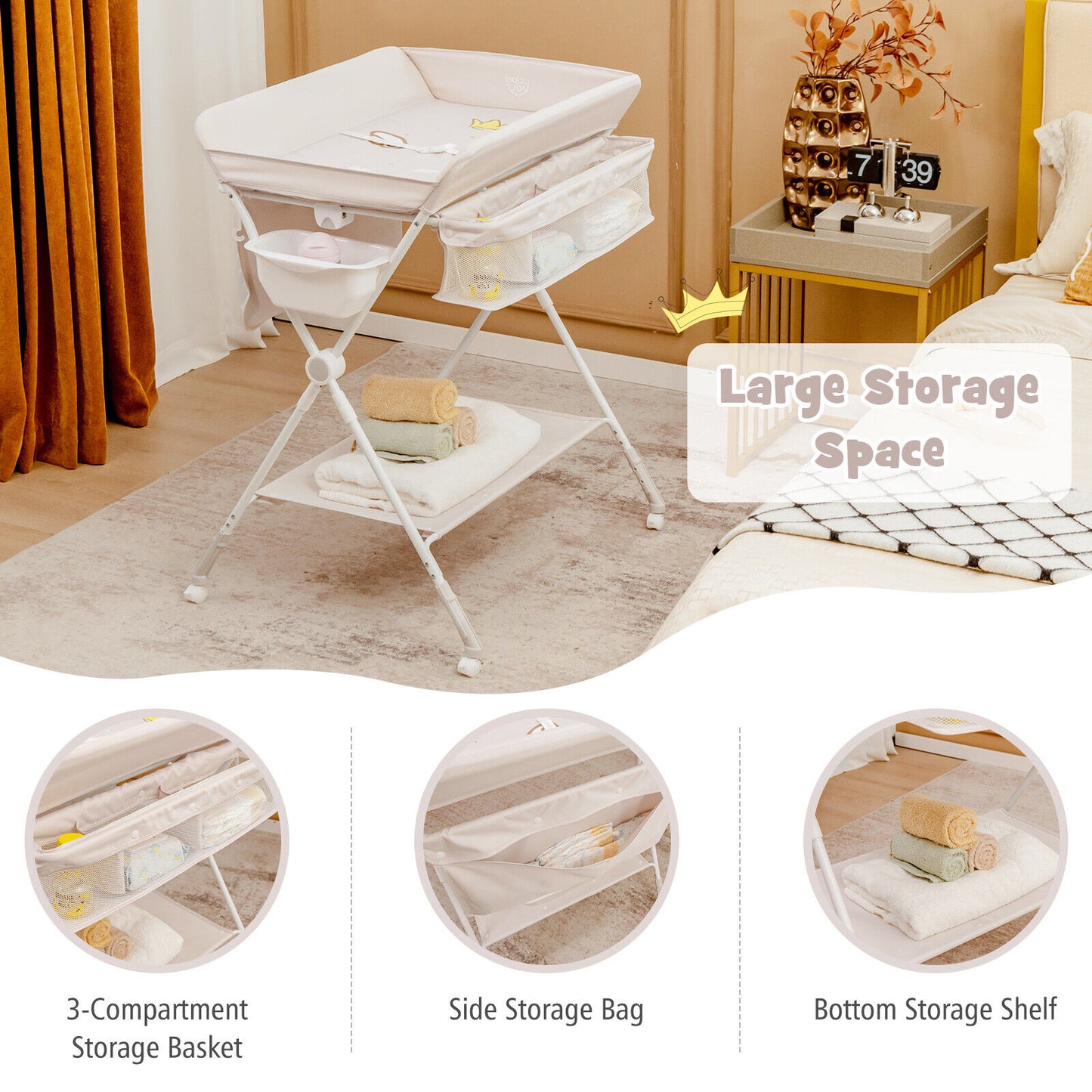 Foldable Baby Changing Table Organizer for Newborn, Beige