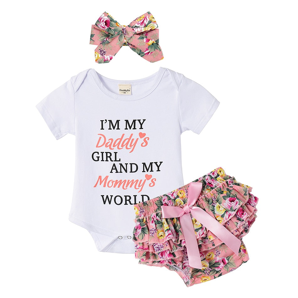 9m-24m Baby Girl 3Pc Sets Infant Outfit Romper & Pants w/ Hair Bow