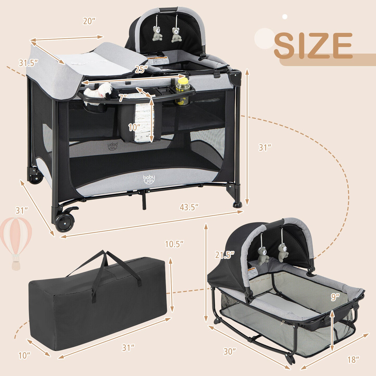 5 in 1 Portable Baby Playard Nursery Center w/ Cradle, Storage Basket