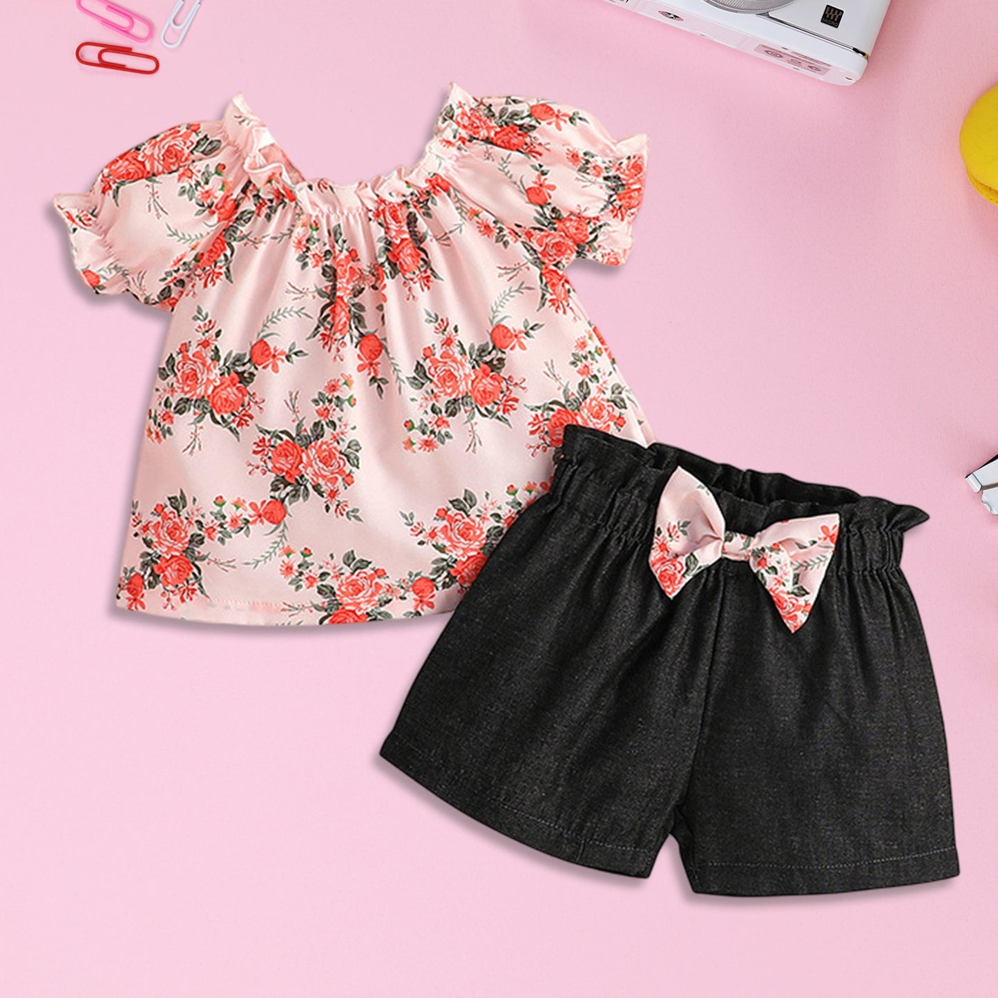 2pc Top & Shorts Set - Round Neck Pleated 9m-24m, 3T-4T,