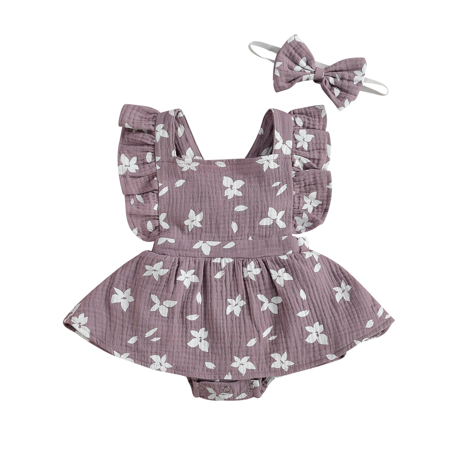 2pc Ruffle Sleeve Printed Dress Romper + Bow Outfit  3m-24m