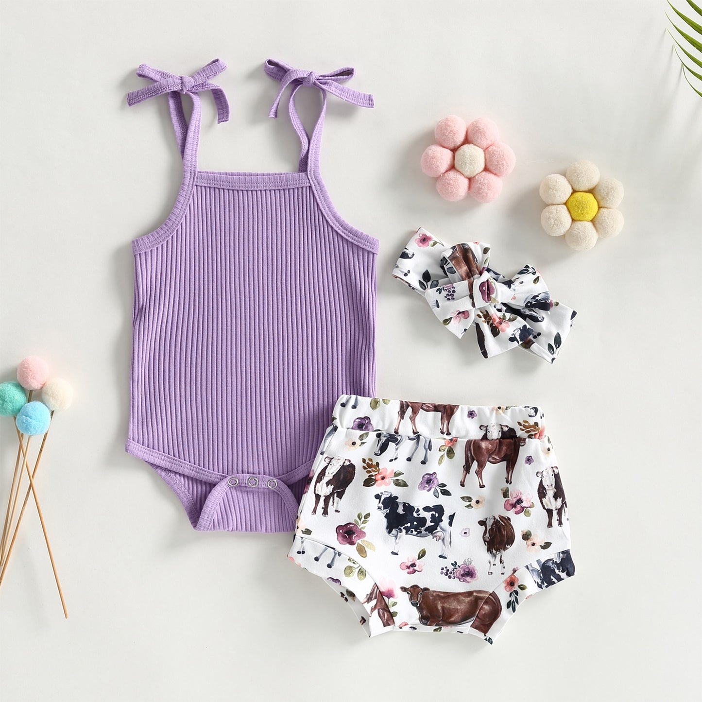 0-24m-3pc Sleeveless Knitted Romper, Printed Shorts & Headband Bow