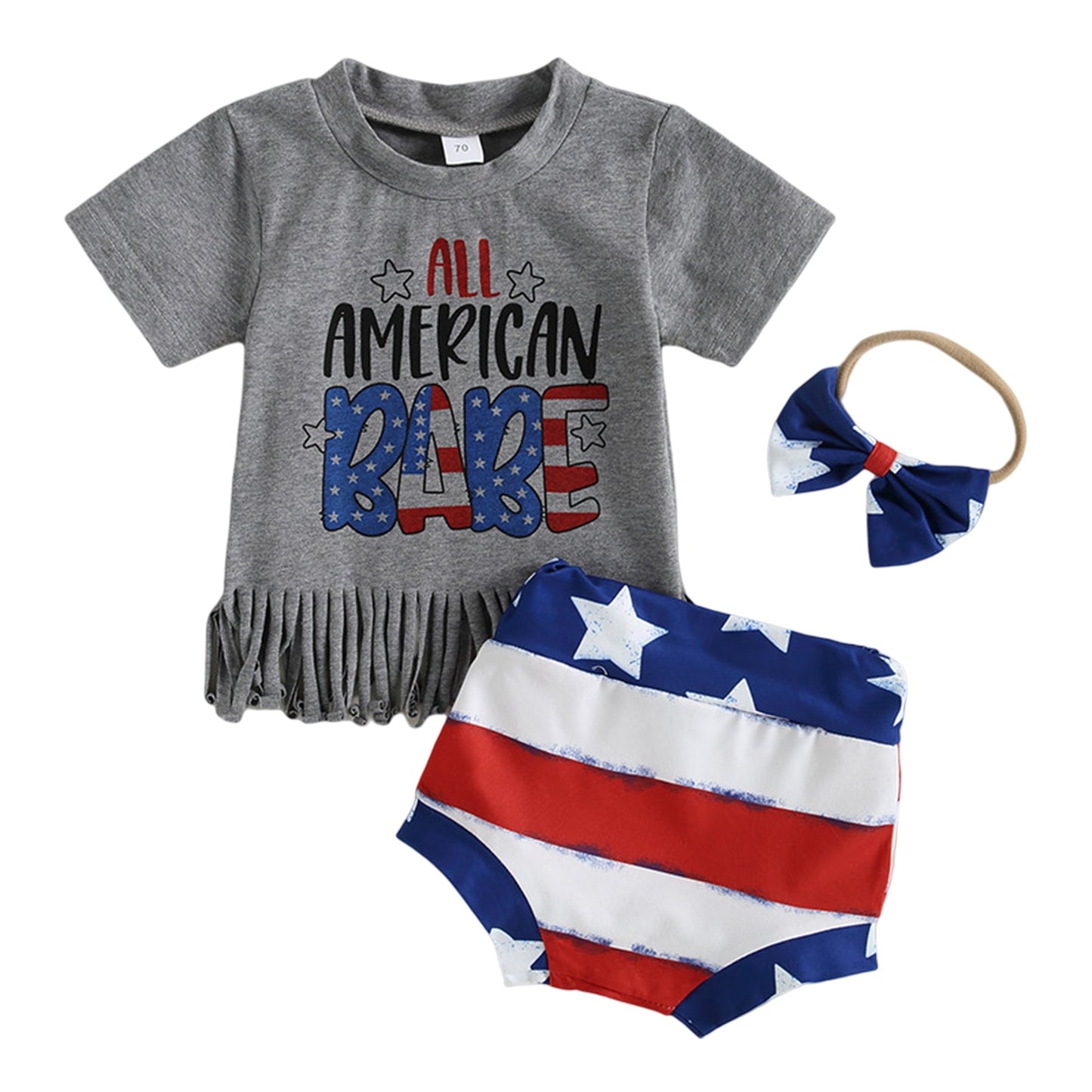 Baby 3pcs Fringe Cotton T-Shirt & Shorts w/Bow Headband Set