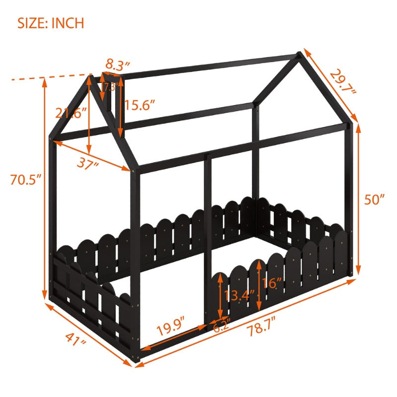 Fenced Double Wooden House Bed Frame Suitable