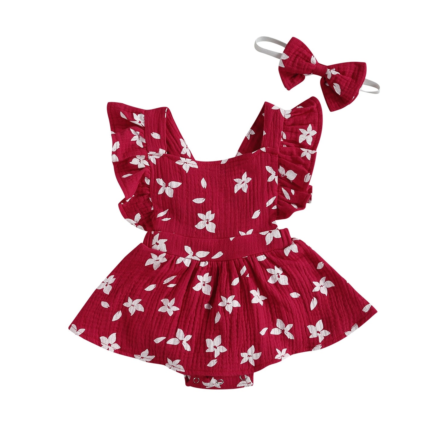 2pc Ruffle Sleeve Printed Dress Romper + Bow Outfit  3m-24m