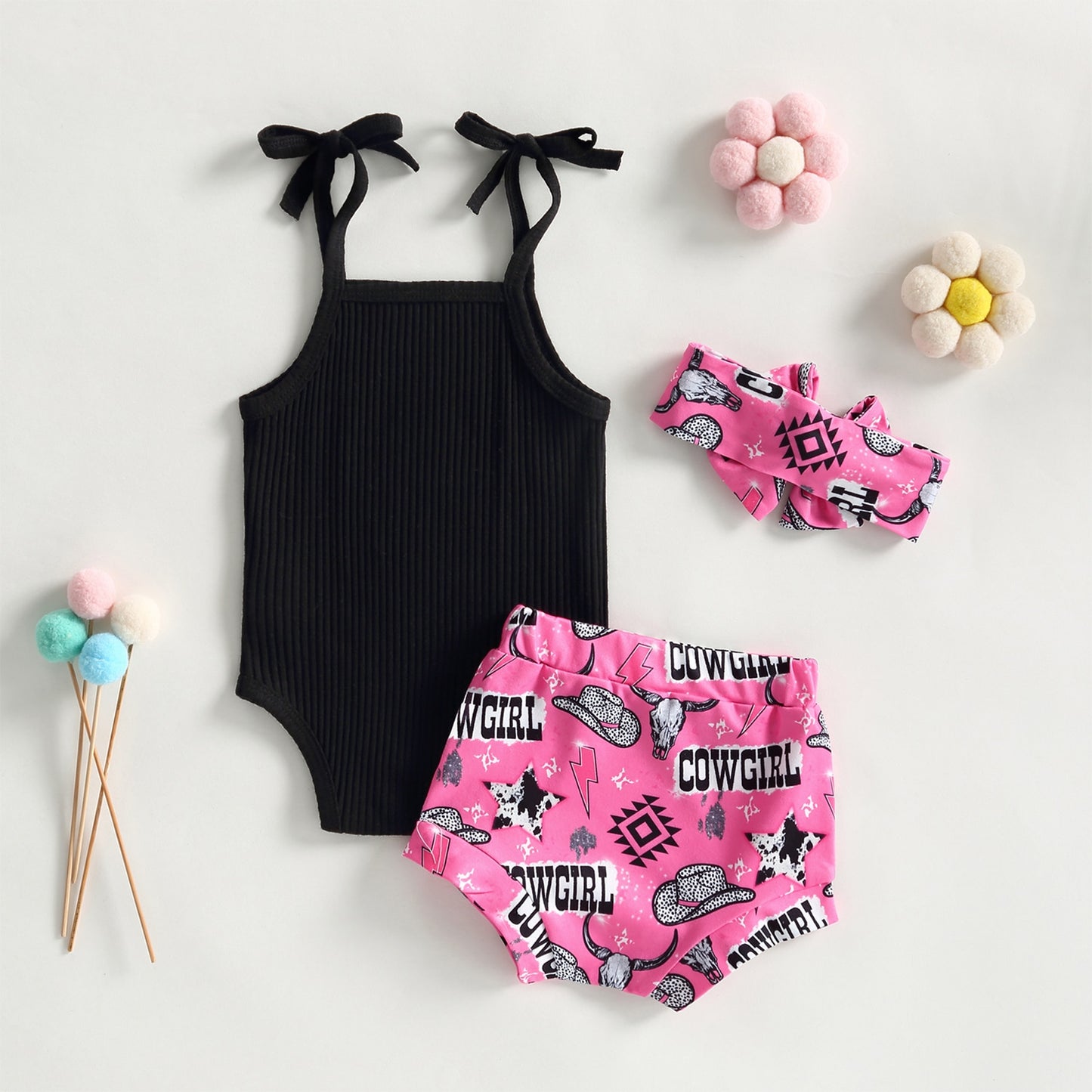 0-24m-3pc Sleeveless Knitted Romper, Printed Shorts & Headband Bow