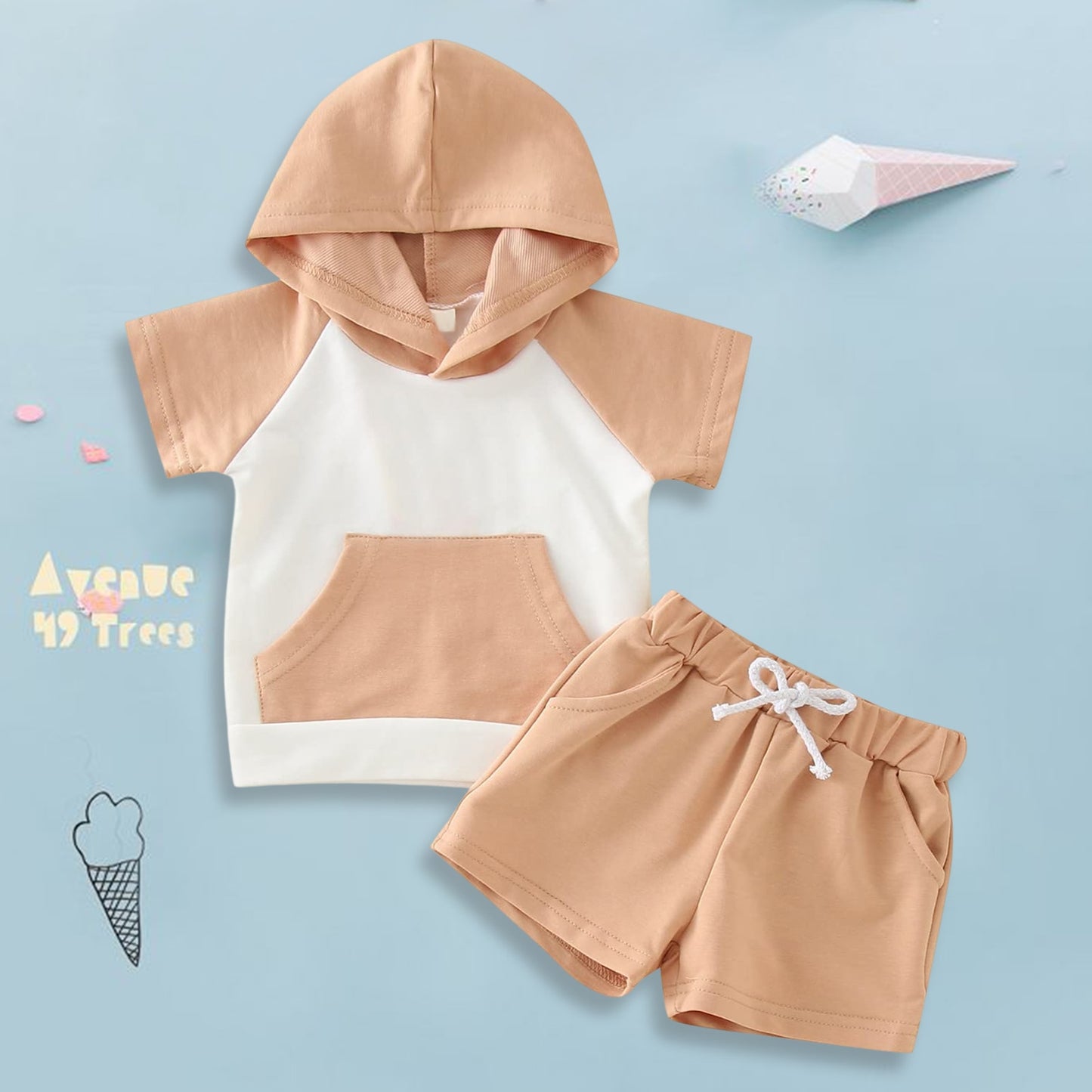 Baby Boy Patchwork Hooded T-Shirt +Shorts- Cotton 3m-2T