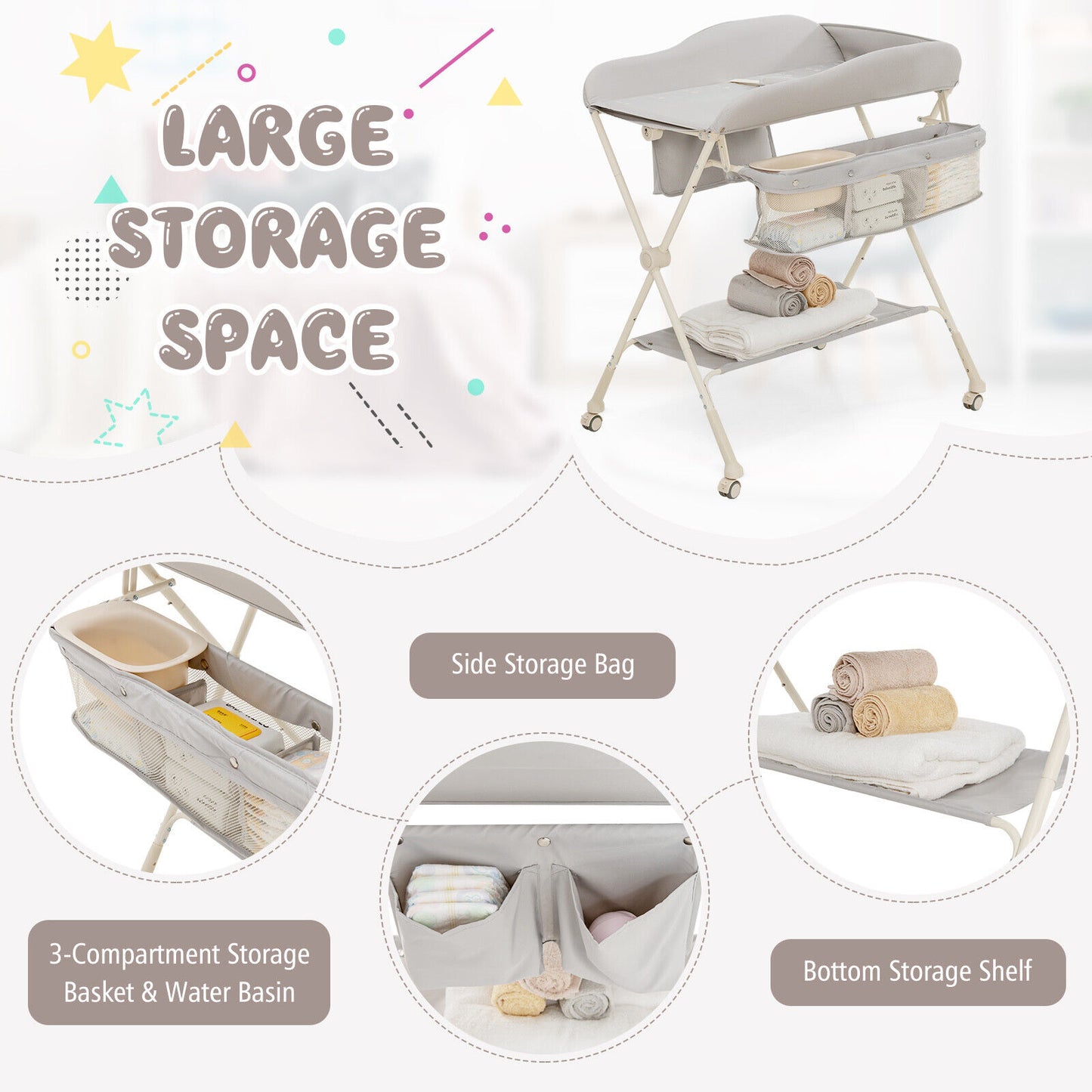 Baby Changing Table Folding  Nursery Organizer W/Wheel Water Basin