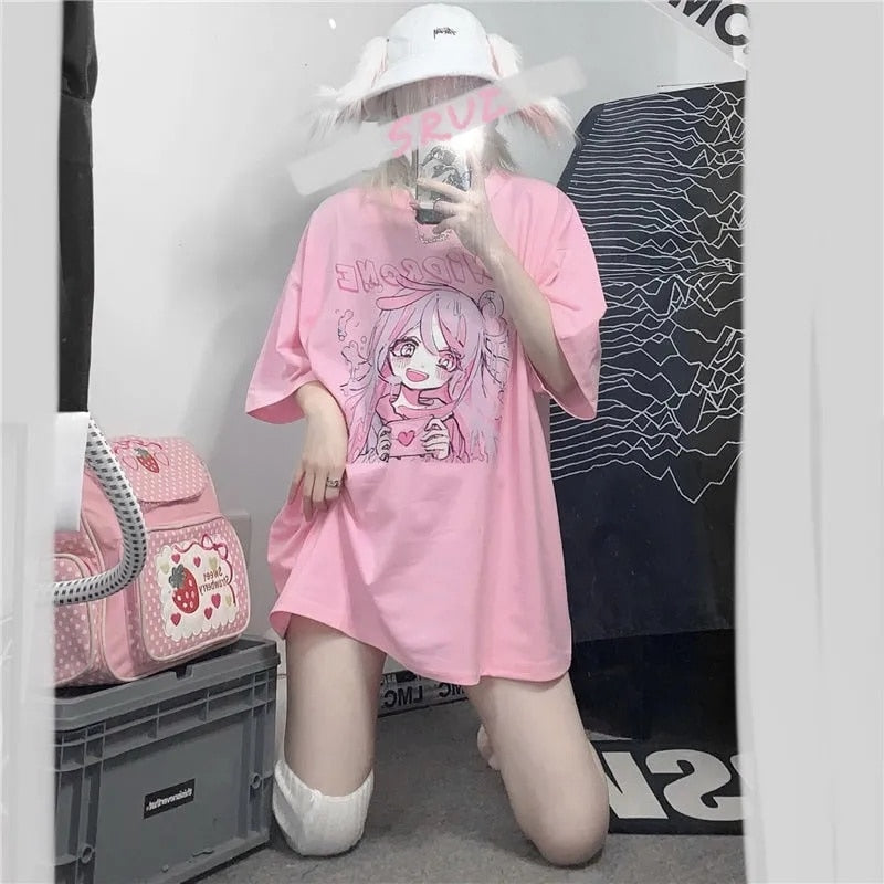 Girl Korean Version Harajuku-Pink Printed T-Shirt