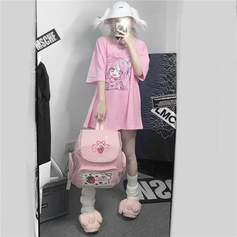 Girl Korean Version Harajuku-Pink Printed T-Shirt