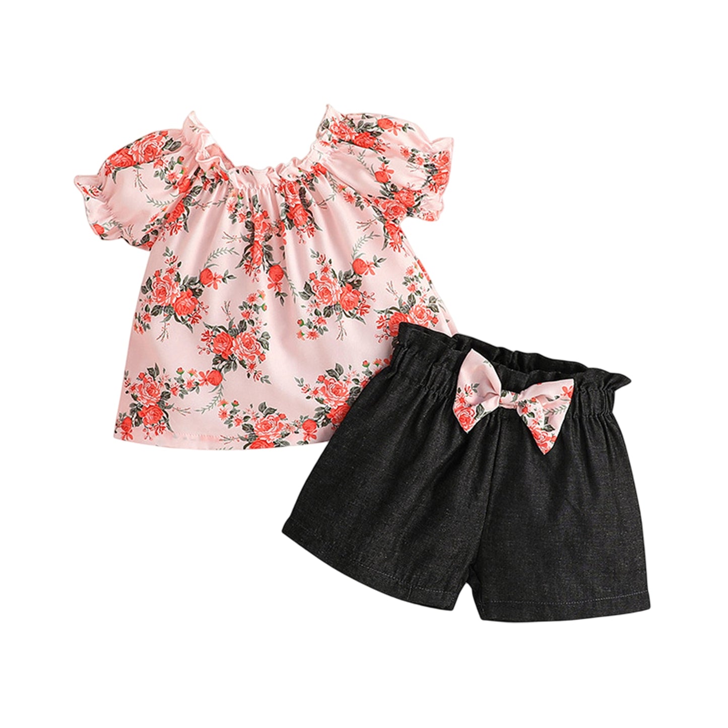 2pc Top & Shorts Set - Round Neck Pleated 9m-24m, 3T-4T,