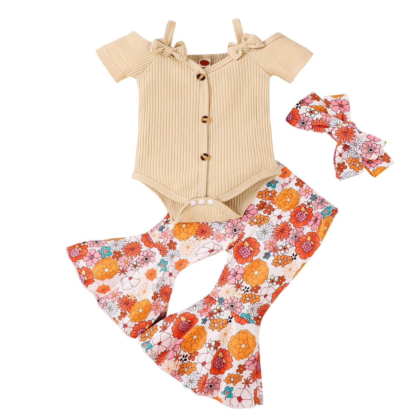 Baby Girl Solid Suspender Tops + Bell Bottoms, Hair Bow 3-24m