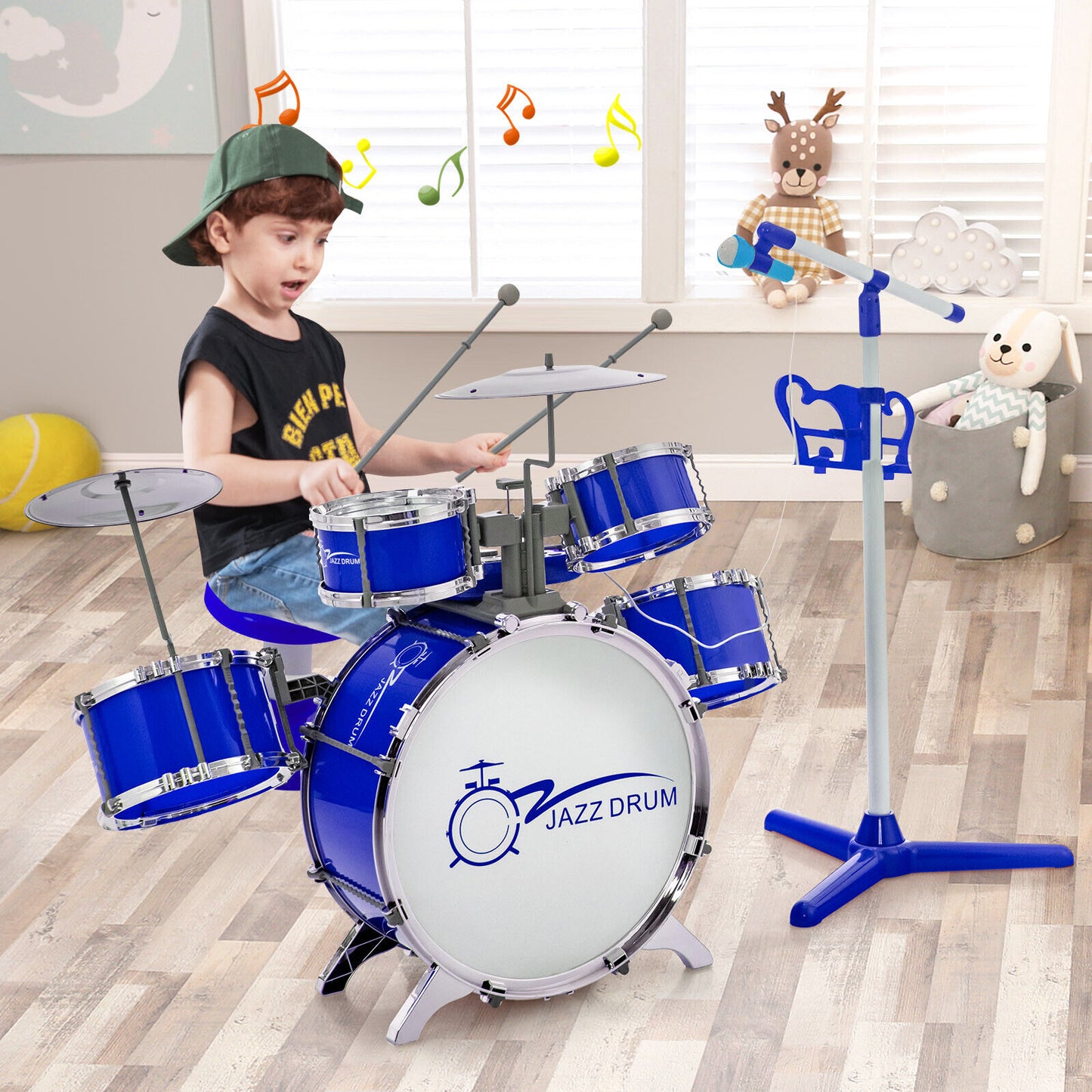 Babyjoy Jazz Drum Set-Toddler w/Keyboard, Cymbal, Microphone Blue