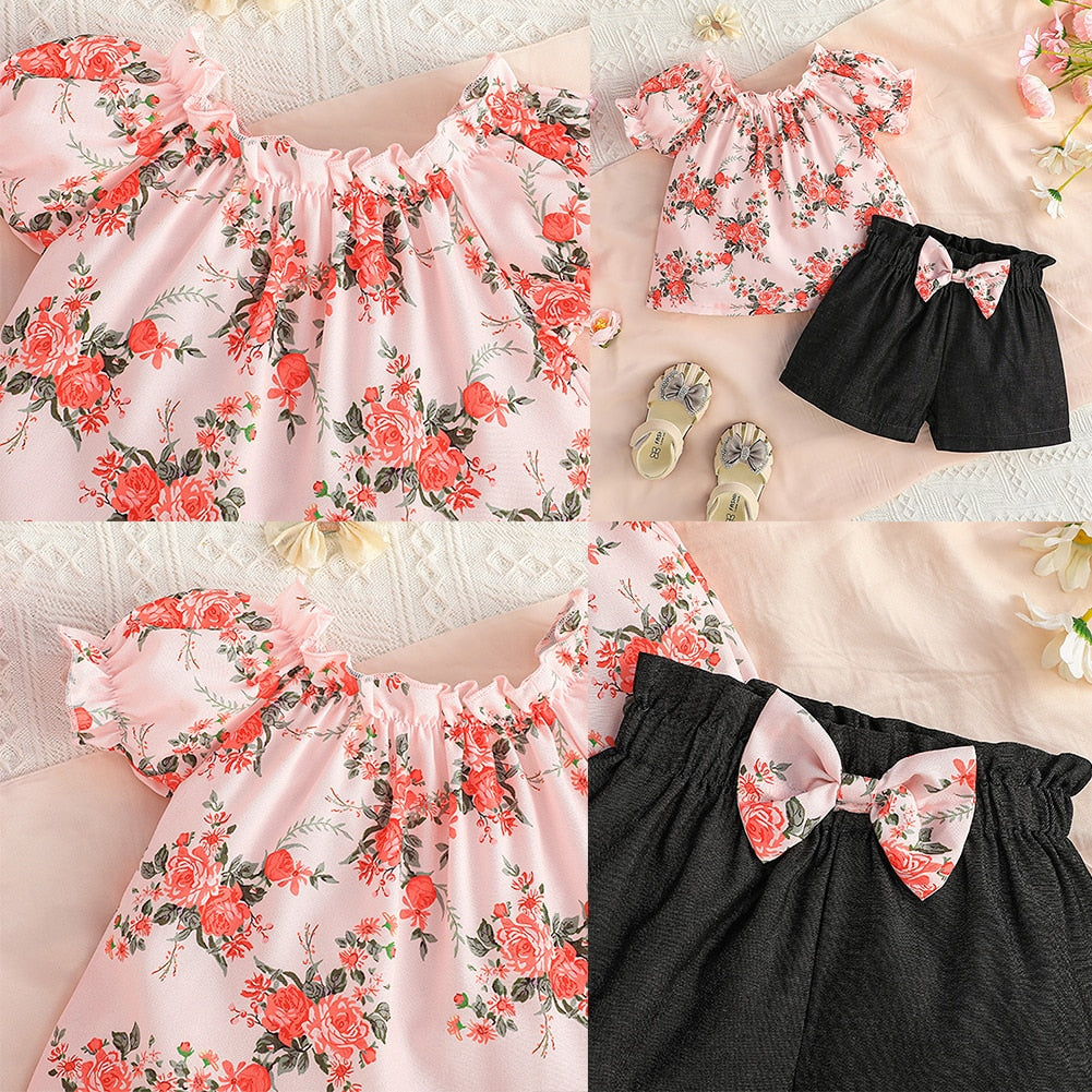 2pc Top & Shorts Set - Round Neck Pleated 9m-24m, 3T-4T,