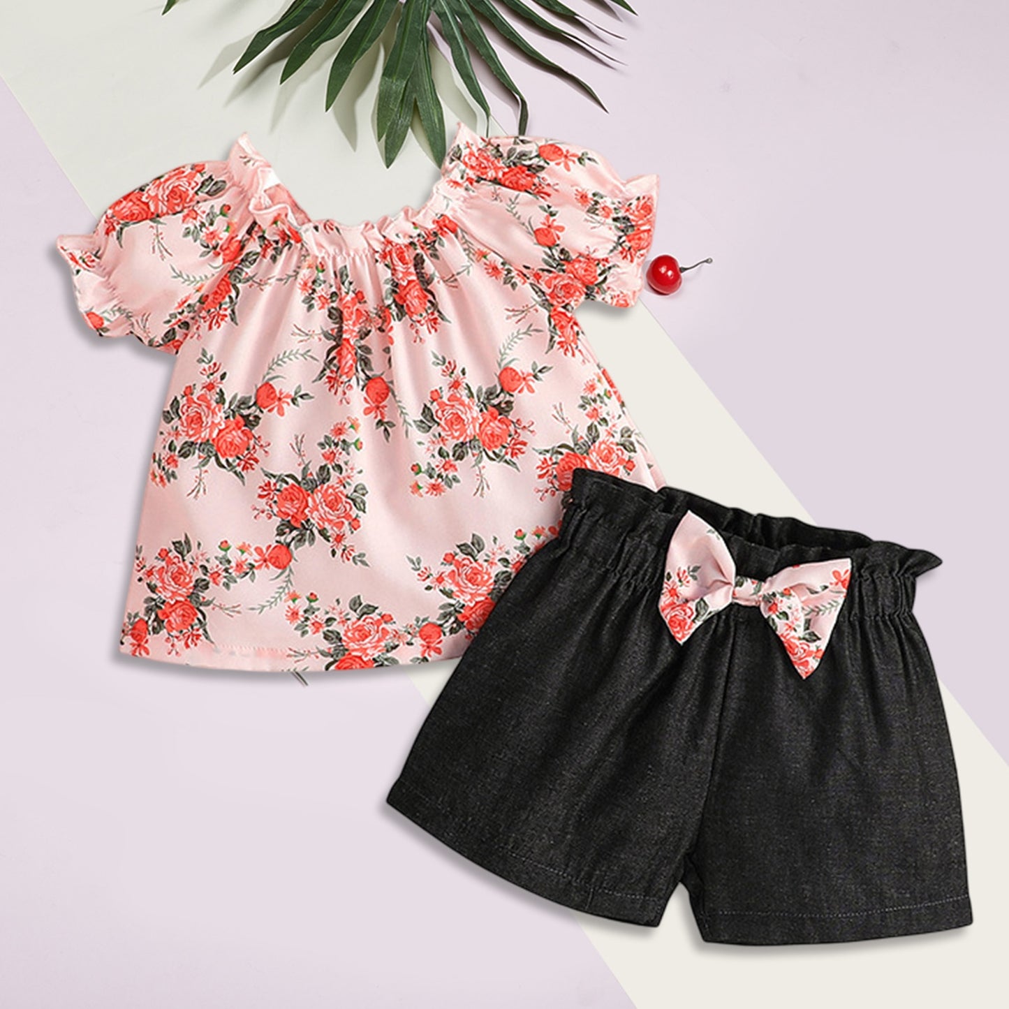 2pc Top & Shorts Set - Round Neck Pleated 9m-24m, 3T-4T,