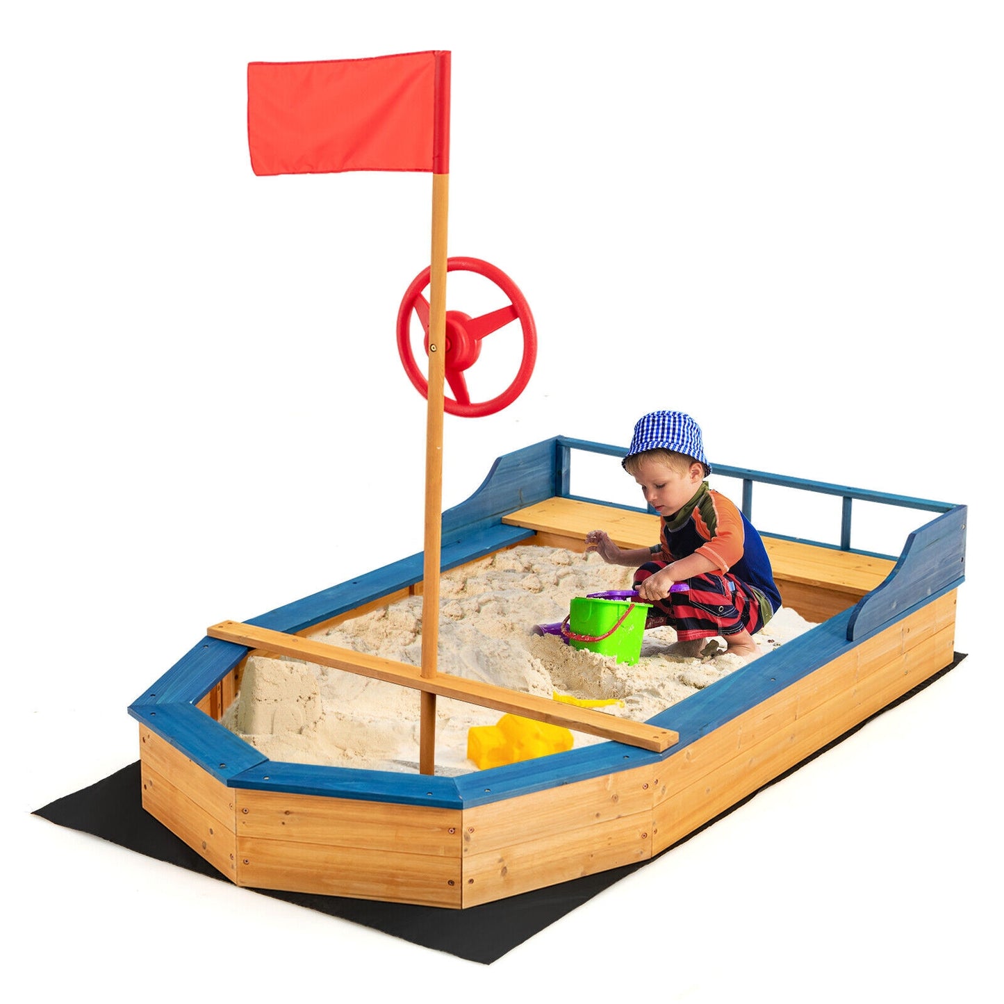 Kids Pirate Boat Wood Sandbox w/ Storage Box , Non-Woven Fabric Liner