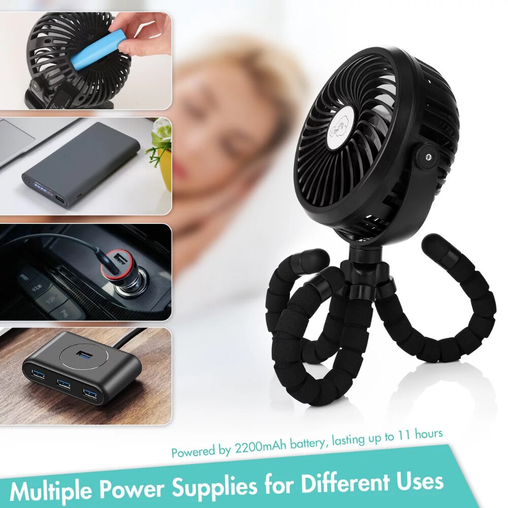 Portable Personal Fan 360°-Battery Powered Fan w/Flexible Tripod-Adjustable 3 colors