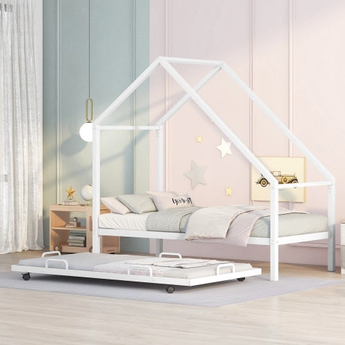 Twin Single Bed or Trunnion Double Bed with Metal Open Roof, 3 Colors