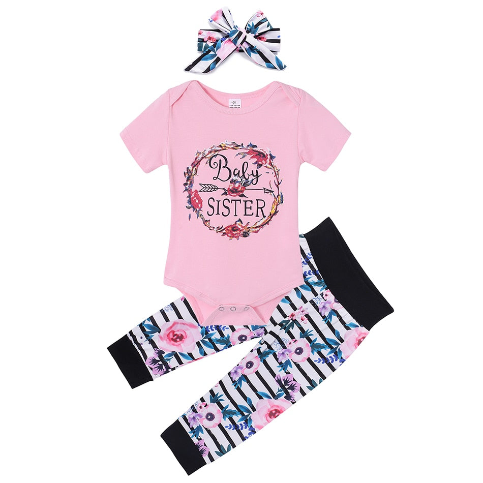 9m-24m Baby Girl 3Pc Sets Infant Outfit Romper & Pants w/ Hair Bow