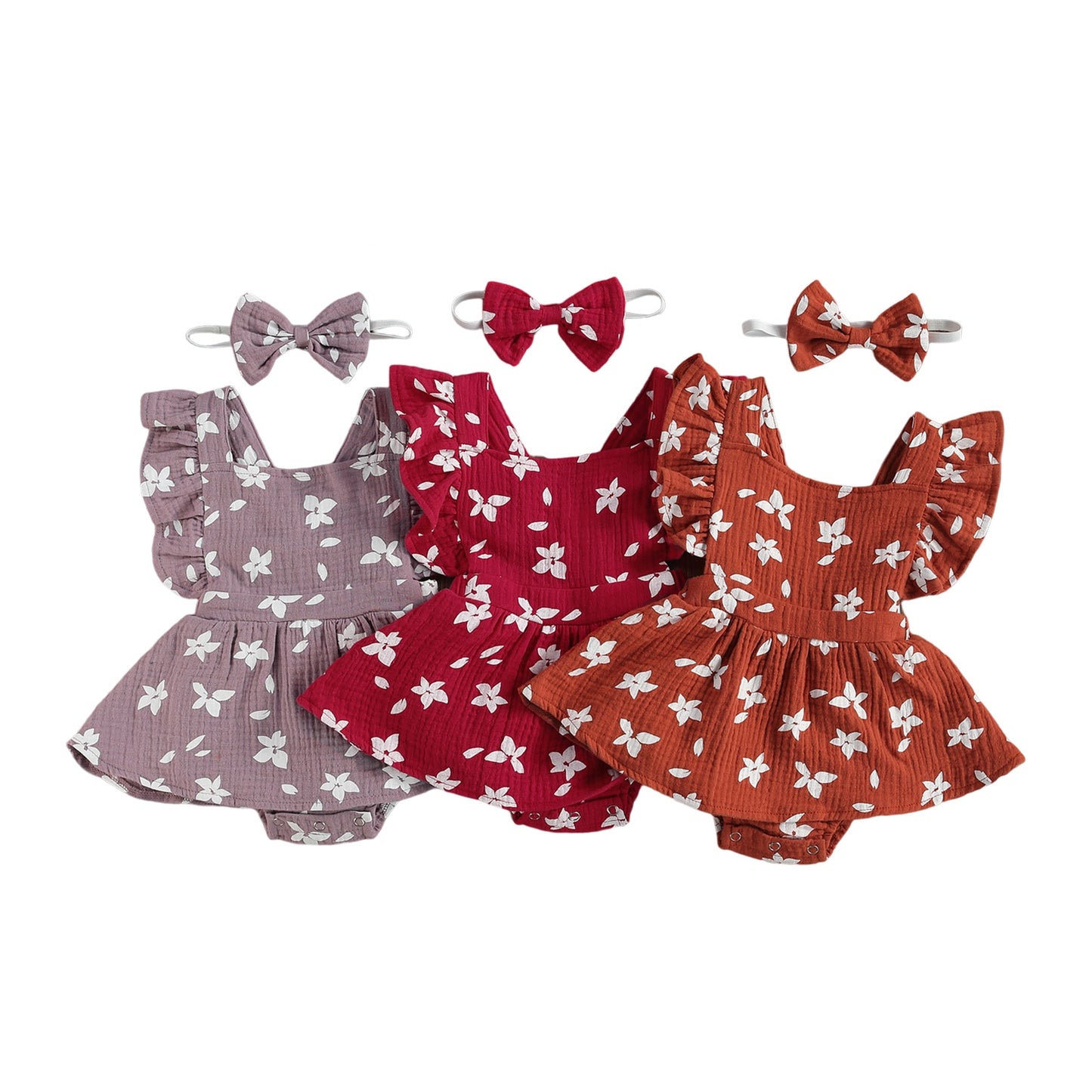 2pc Ruffle Sleeve Printed Dress Romper + Bow Outfit  3m-24m