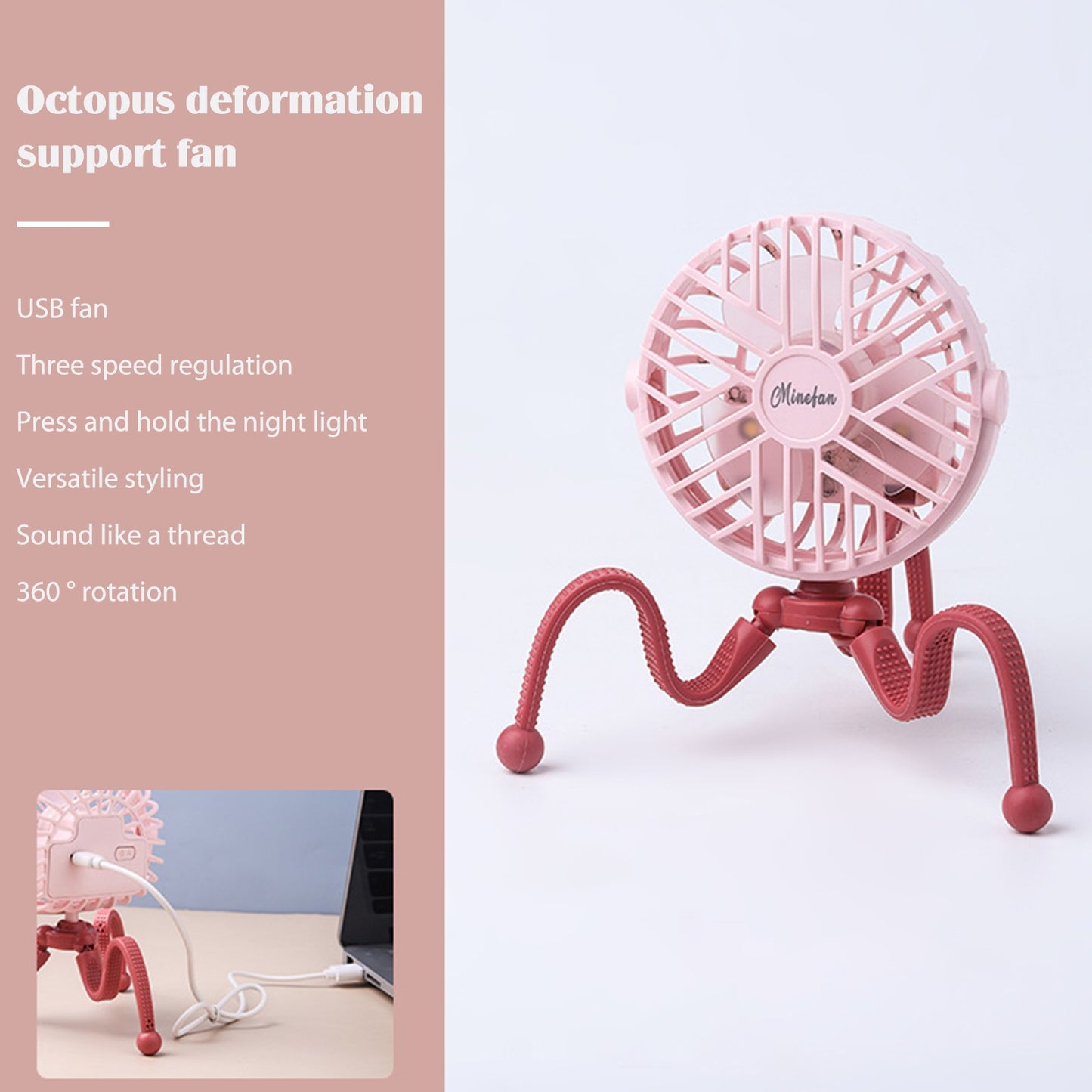 Portable Stroller Mini Octopus Fan -Silent-Night Light-USB