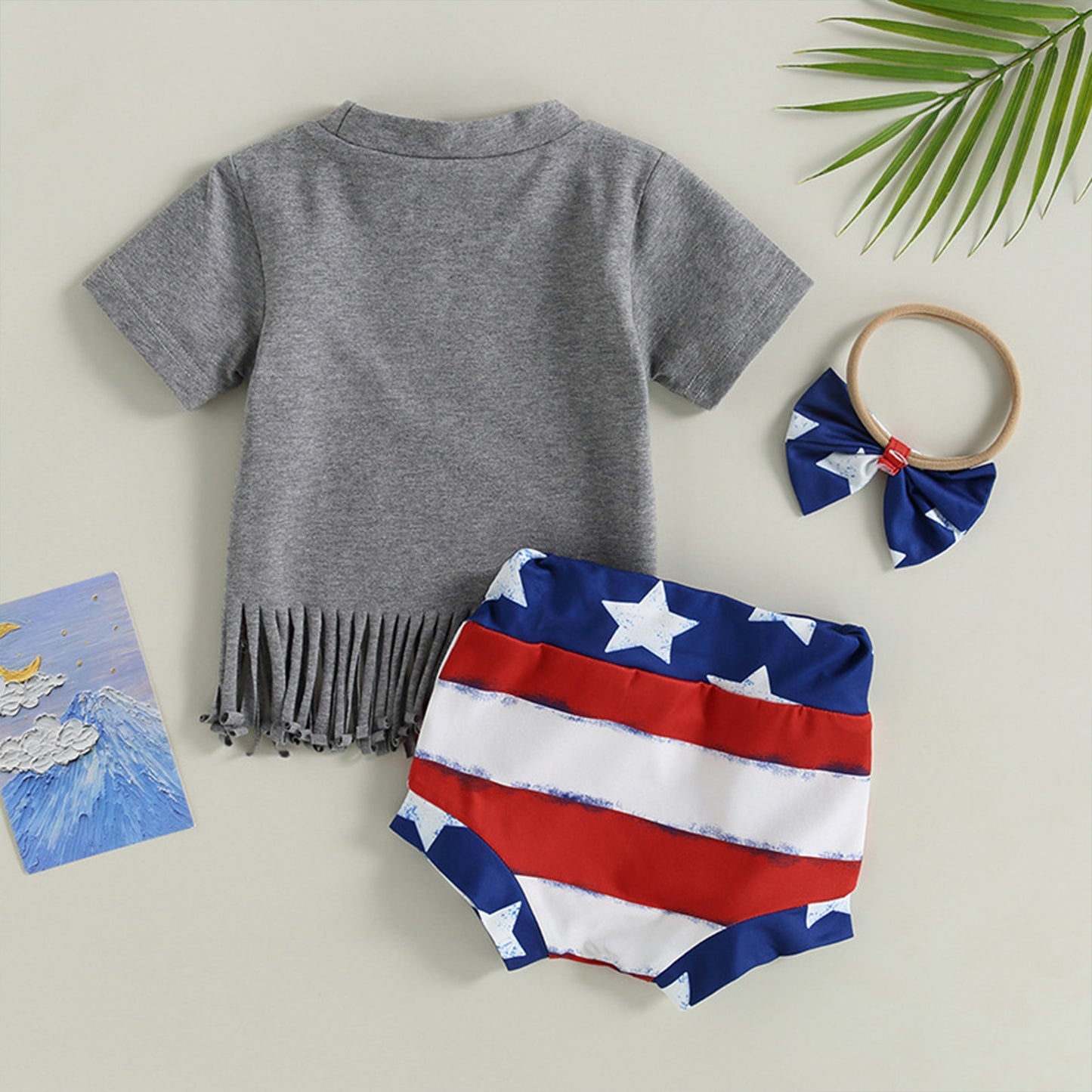 Baby 3pcs Fringe Cotton T-Shirt & Shorts w/Bow Headband Set