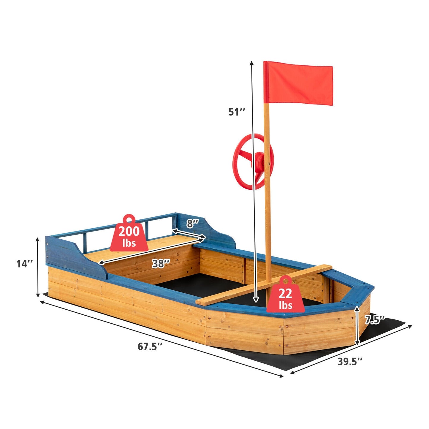 Kids Pirate Boat Wood Sandbox w/ Storage Box , Non-Woven Fabric Liner