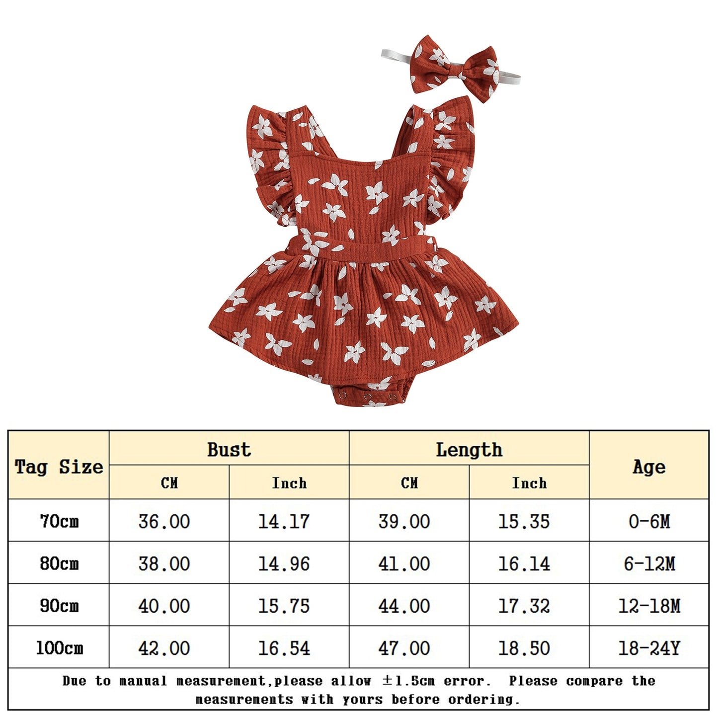 2pc Ruffle Sleeve Printed Dress Romper + Bow Outfit  3m-24m