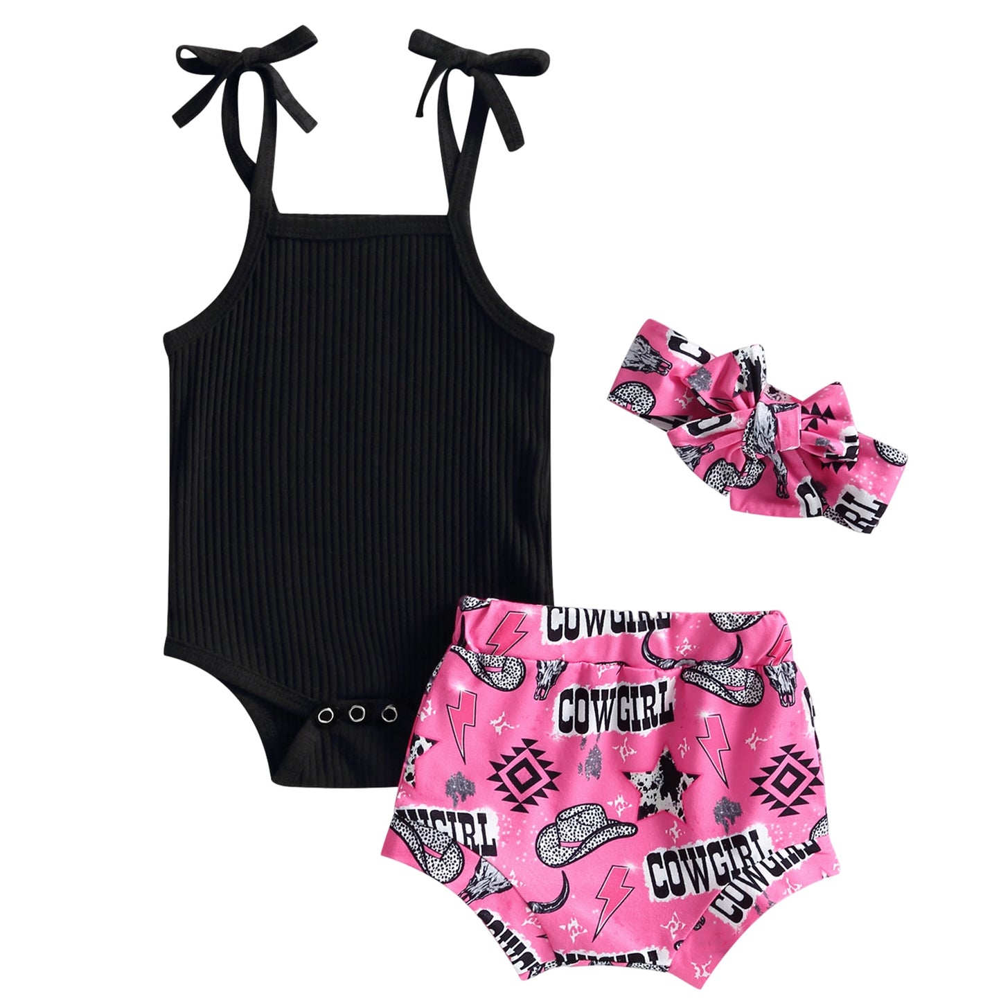 0-24m-3pc Sleeveless Knitted Romper, Printed Shorts & Headband Bow