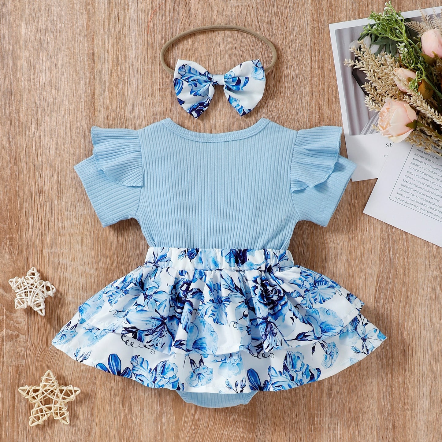 0-24M Baby Girl Ruffle Romper Dress w/Knitted Top, Floral Bow