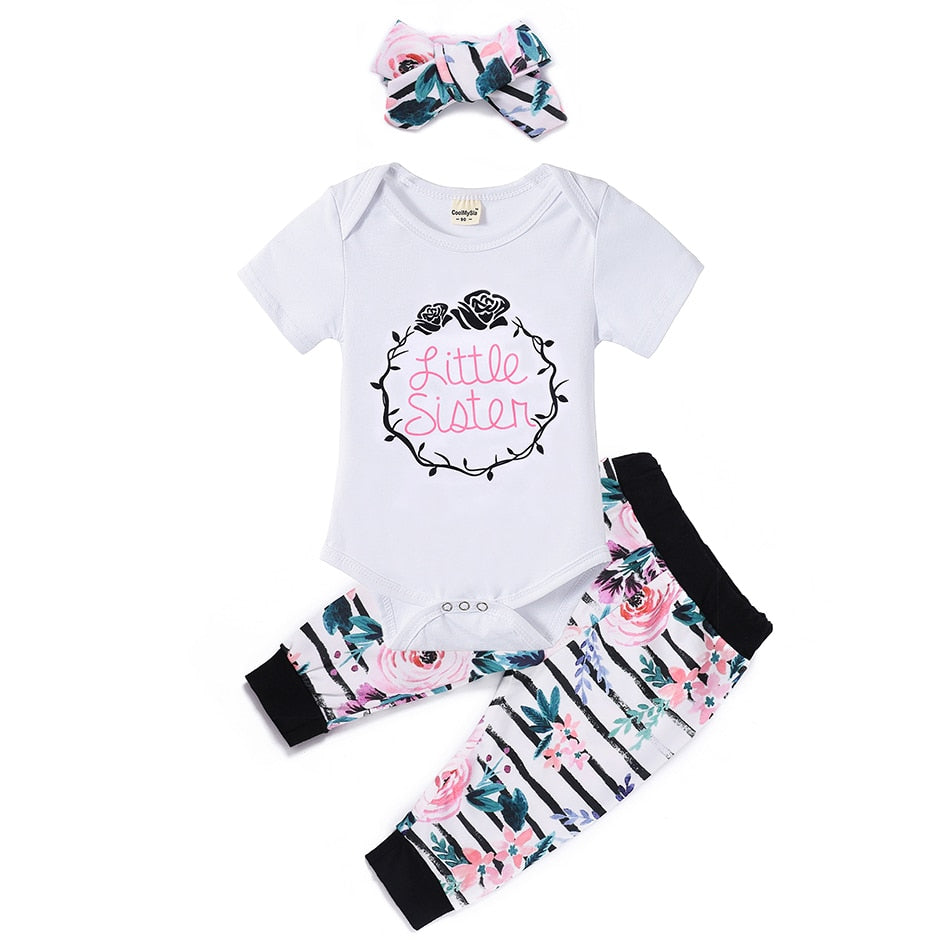 9m-24m Baby Girl 3Pc Sets Infant Outfit Romper & Pants w/ Hair Bow