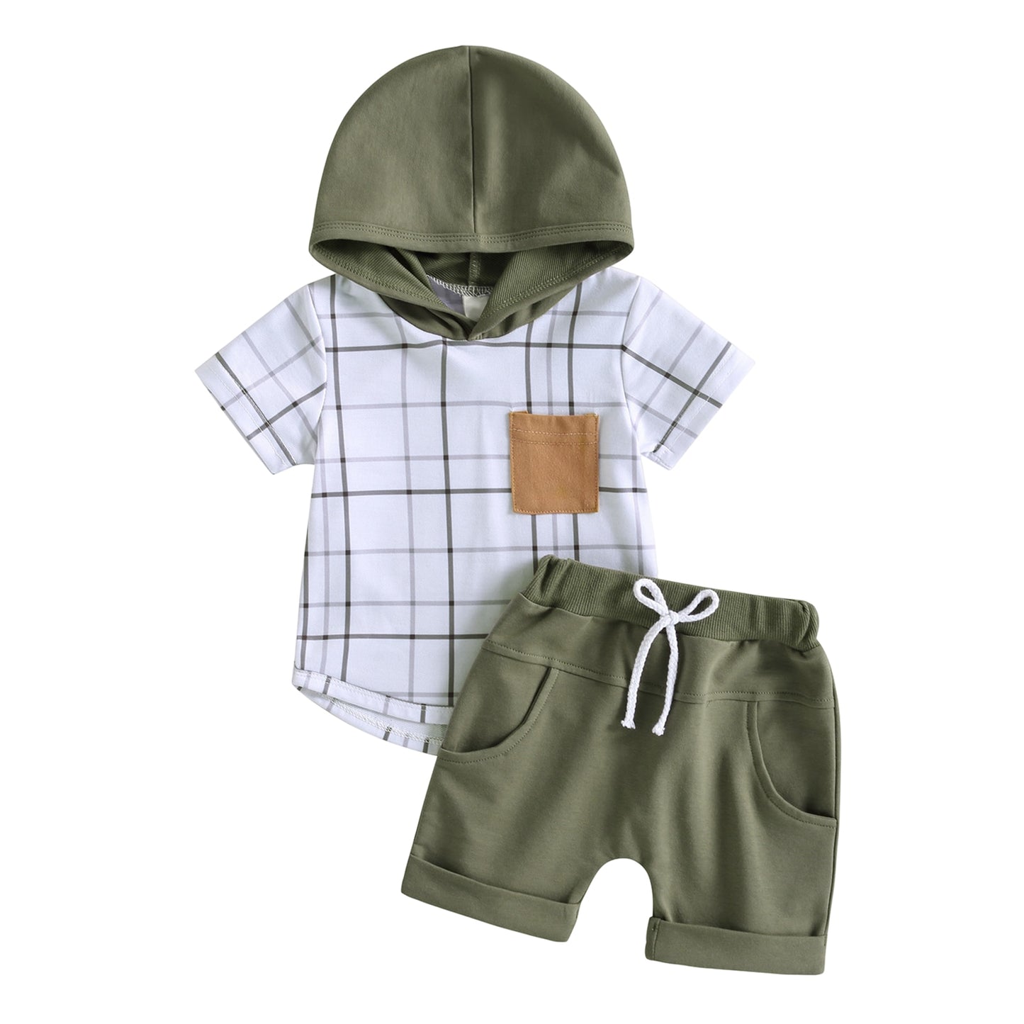 Baby Boy Plaid Print Hooded Shirt + Tie Front Short 3m-24m, 2T