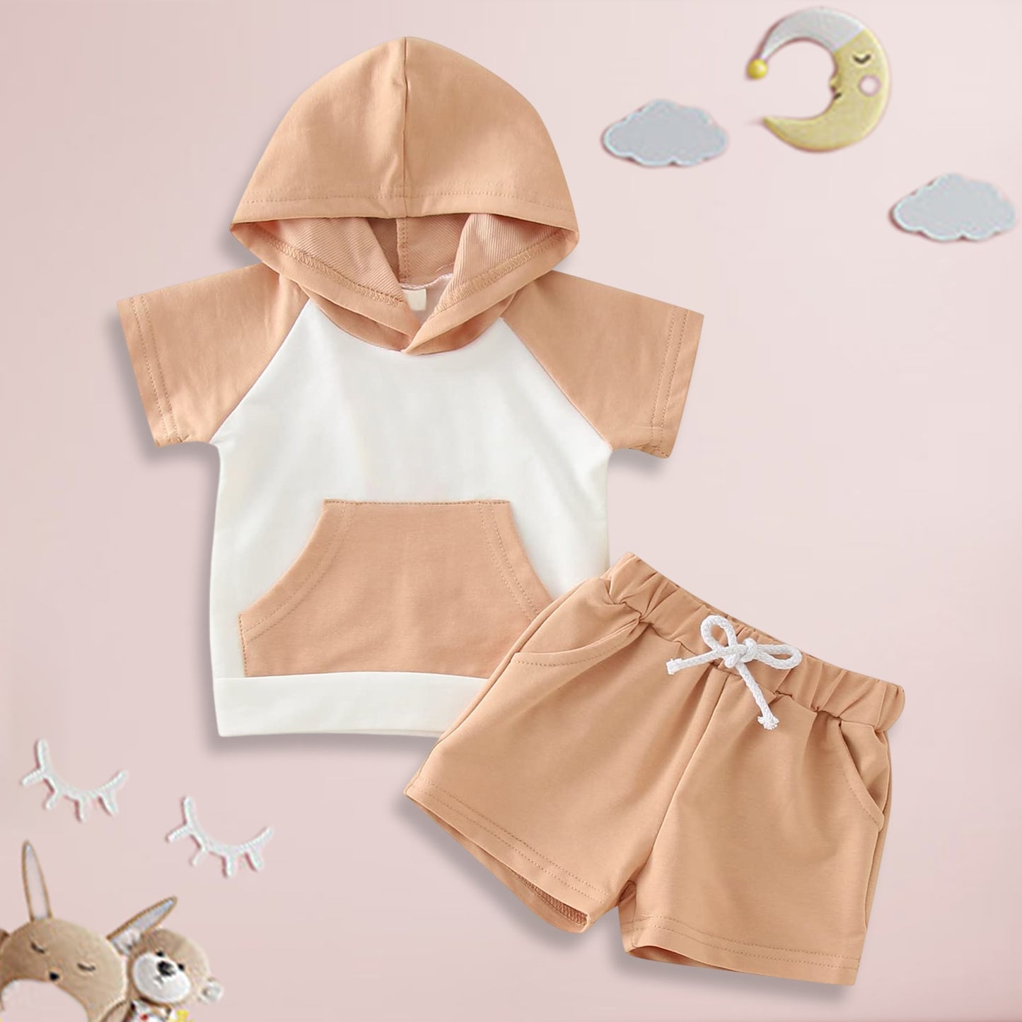 Baby Boy Patchwork Hooded T-Shirt +Shorts- Cotton 3m-2T