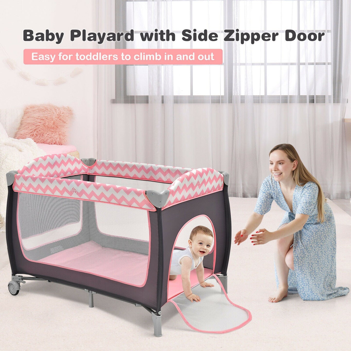 3 in 1 Baby Playard Portable Nursery Center w/ Zippered Door Pink