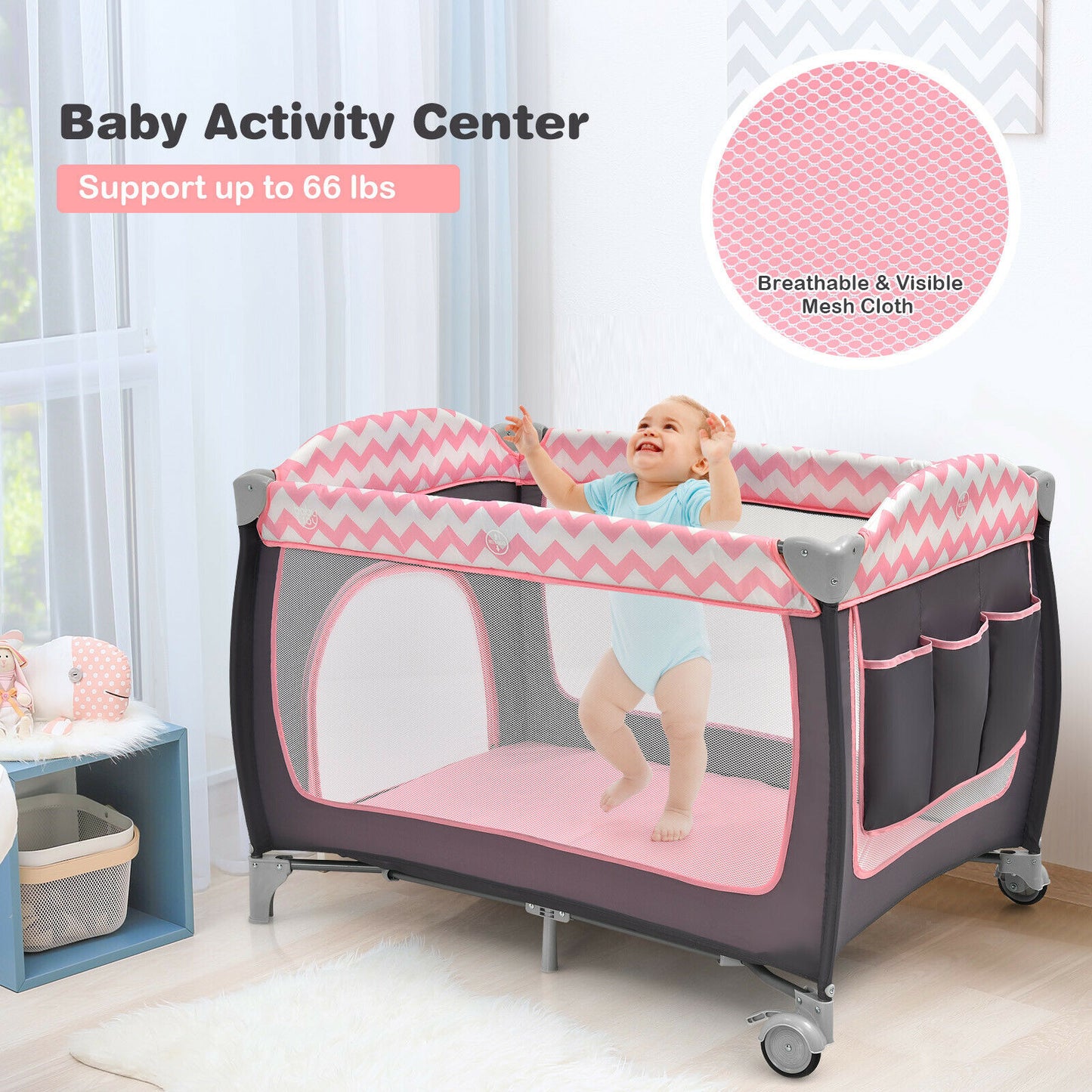 3 in 1 Baby Playard Portable Nursery Center w/ Zippered Door Pink