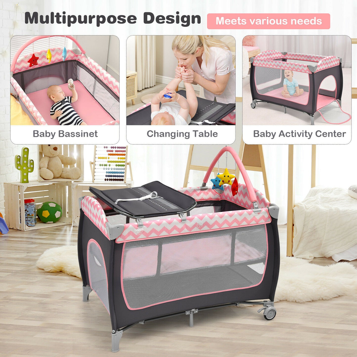 3 in 1 Baby Playard Portable Nursery Center w/ Zippered Door Pink